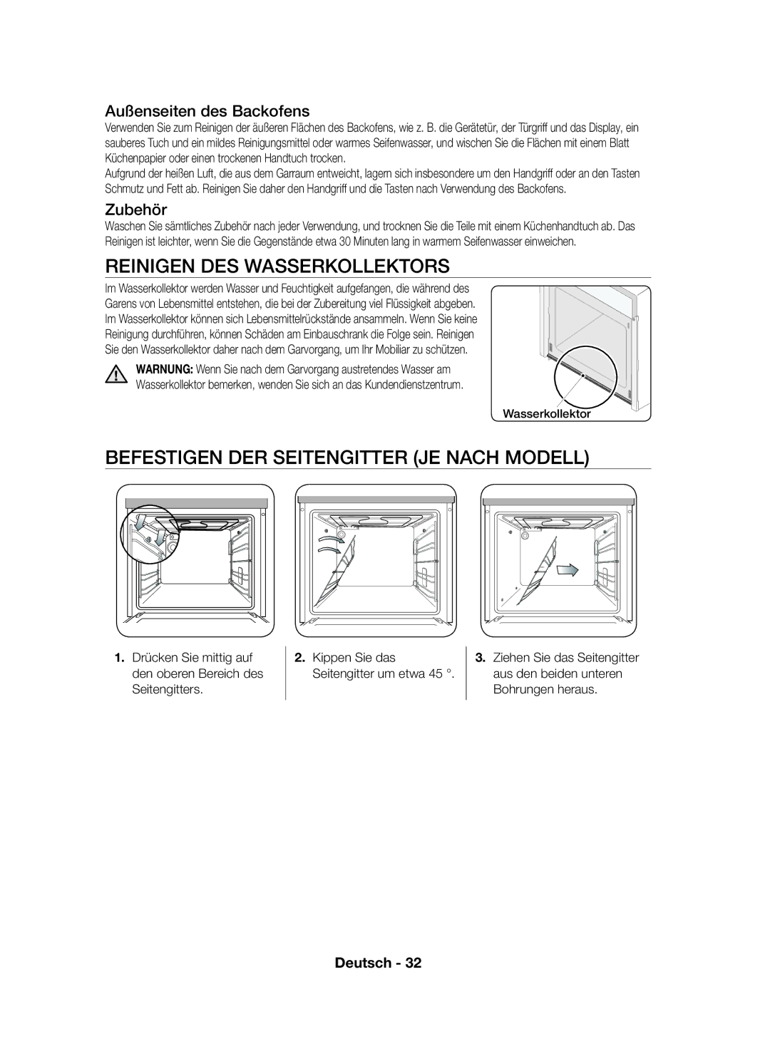 Samsung NV70F7796MS/EF, NV70F7766LS/EF Reinigen DES Wasserkollektors, Befestigen DER Seitengitter JE Nach Modell, Zubehör 