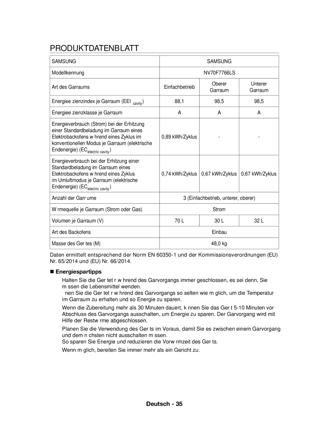 Samsung NV70F7766LS/EF, NV70F7796MS/EF manual Produktdatenblatt, Und,  Energiespartipps 