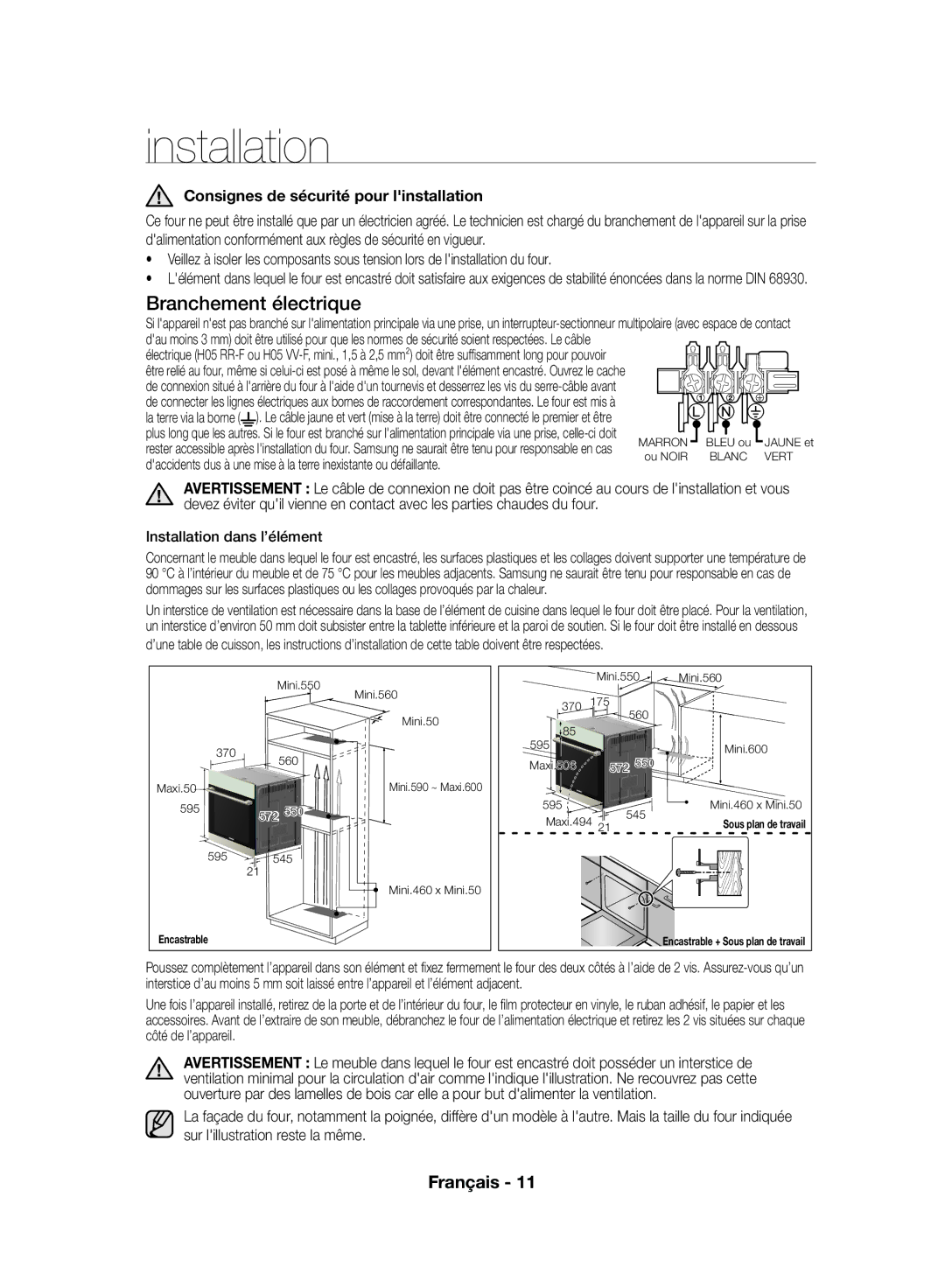 Samsung NV70F7766LS/EF, NV70F7796MS/EF manual Installation, Branchement électrique, Consignes de sécurité pour linstallation 