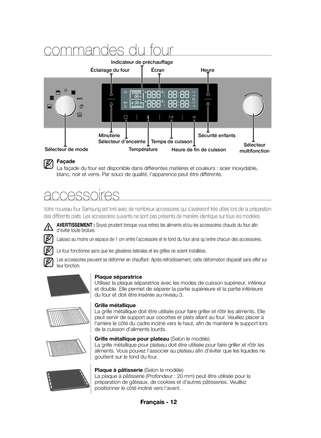 Samsung NV70F7796MS/EF, NV70F7766LS/EF manual Commandes du four, Accessoires 