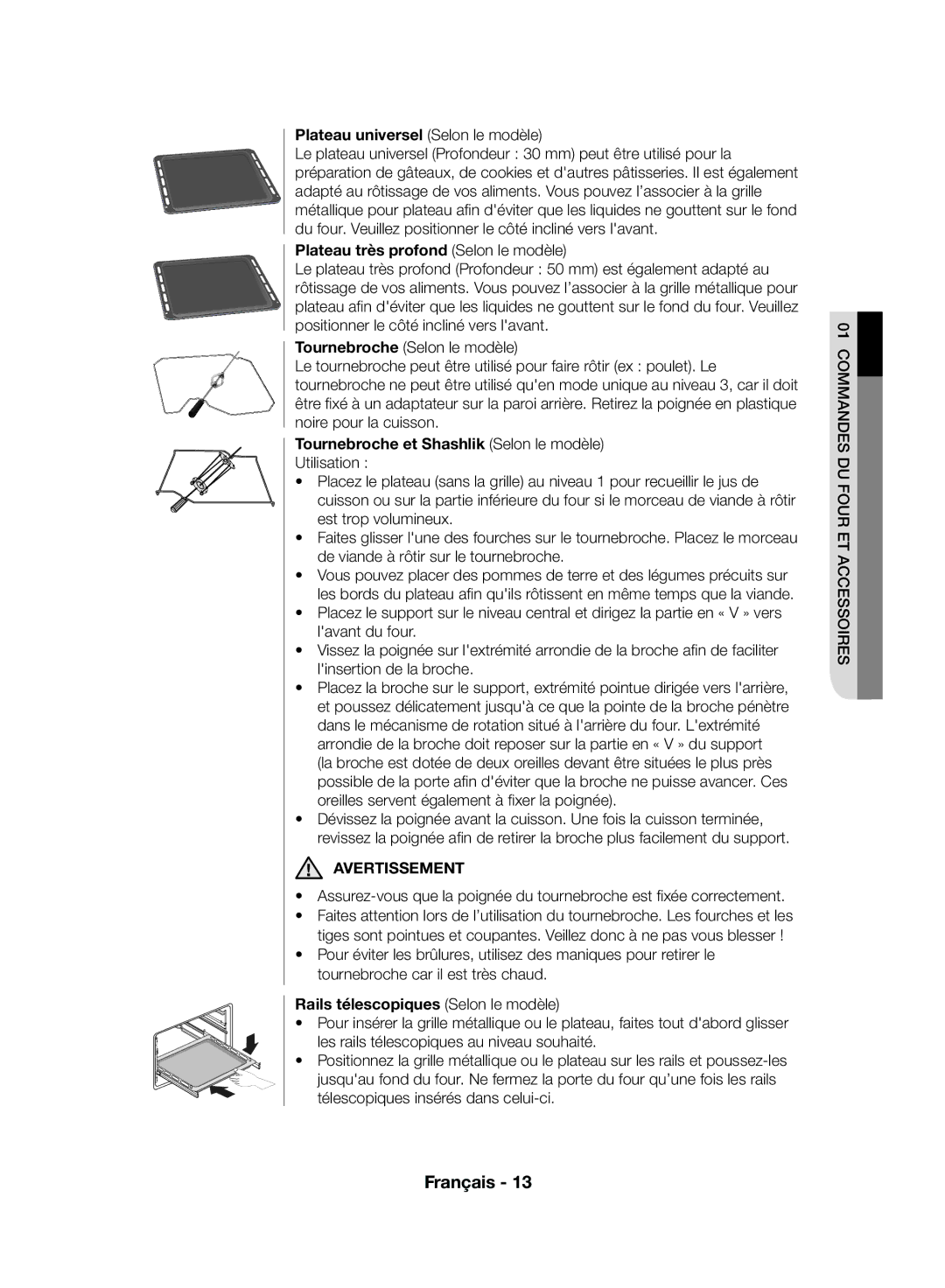 Samsung NV70F7766LS/EF manual Plateau universel Selon le modèle, Plateau très profond Selon le modèle, Avertissement 