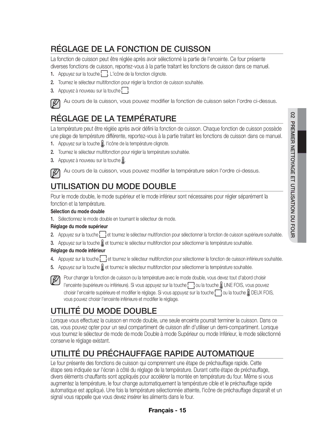 Samsung NV70F7766LS/EF manual Réglage DE LA Fonction DE Cuisson, Réglage DE LA Température, Utilisation DU Mode Double 