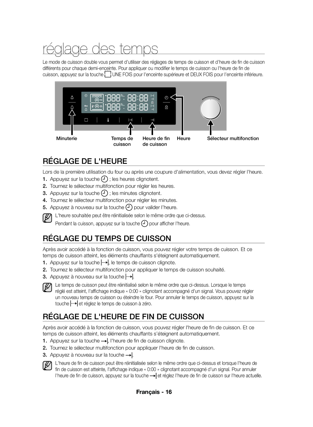 Samsung NV70F7796MS/EF, NV70F7766LS/EF manual Réglage des temps, Réglage DE Lheure, Réglage DU Temps DE Cuisson 