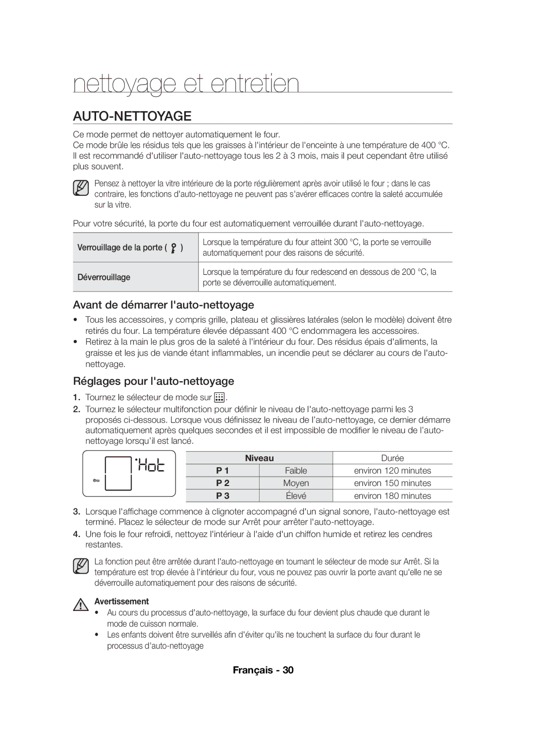 Samsung NV70F7796MS/EF, NV70F7766LS/EF manual Nettoyage et entretien, Auto-Nettoyage, Avant de démarrer lauto-nettoyage 