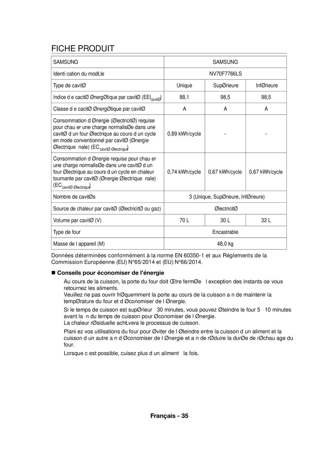 Samsung NV70F7766LS/EF, NV70F7796MS/EF manual Fiche Produit, Samsung,  Conseils pour économiser de l’énergie 