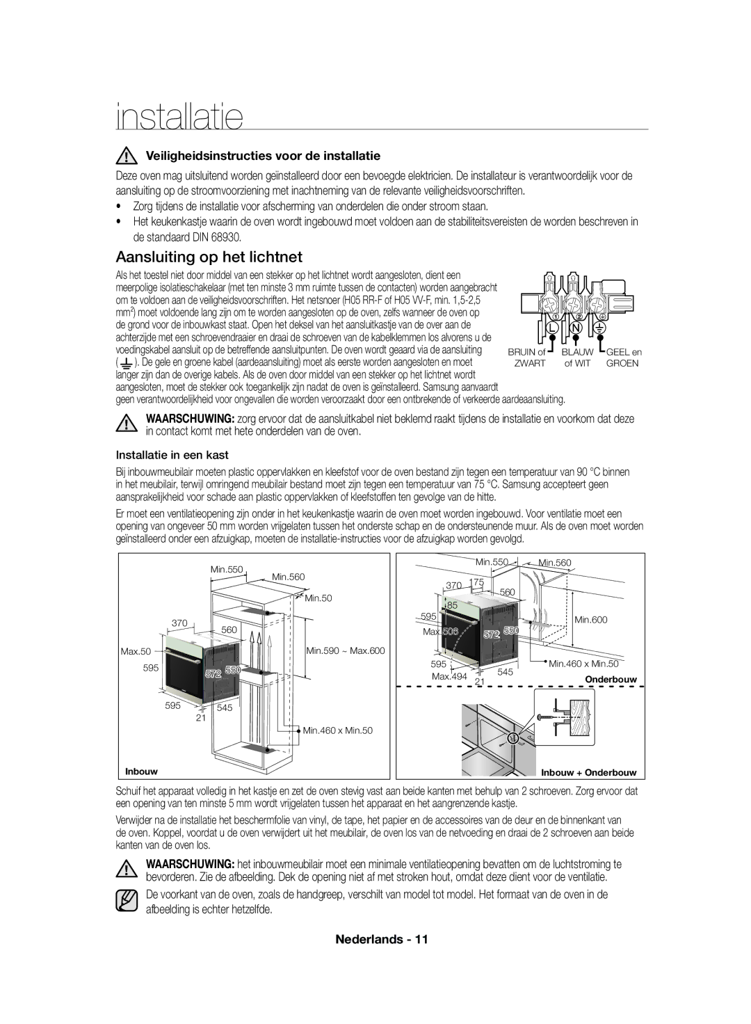 Samsung NV70F7766LS/EF manual Installatie, Aansluiting op het lichtnet, Veiligheidsinstructies voor de installatie 