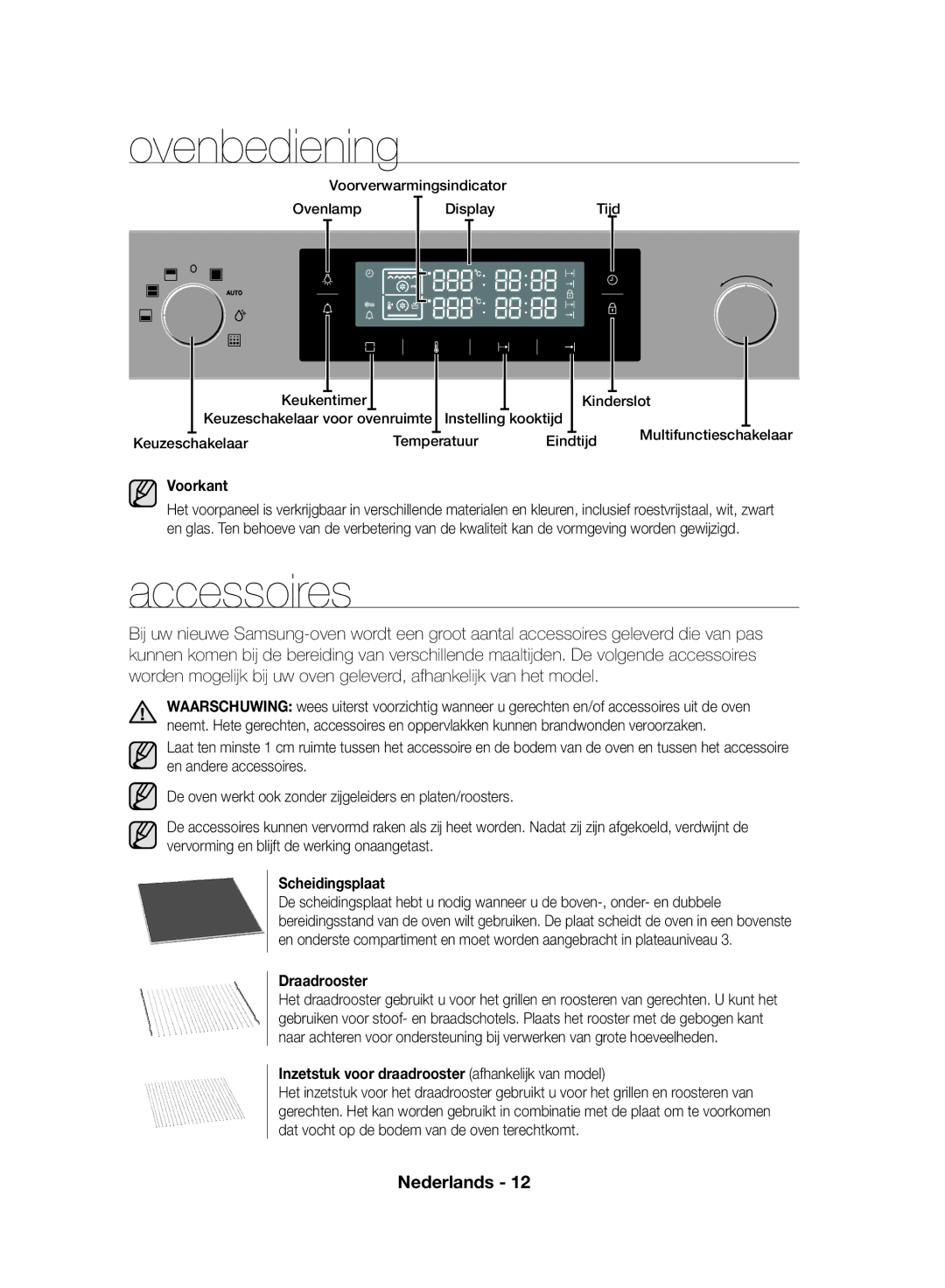 Samsung NV70F7796MS/EF, NV70F7766LS/EF manual Ovenbediening, Voorkant, Scheidingsplaat, Draadrooster 