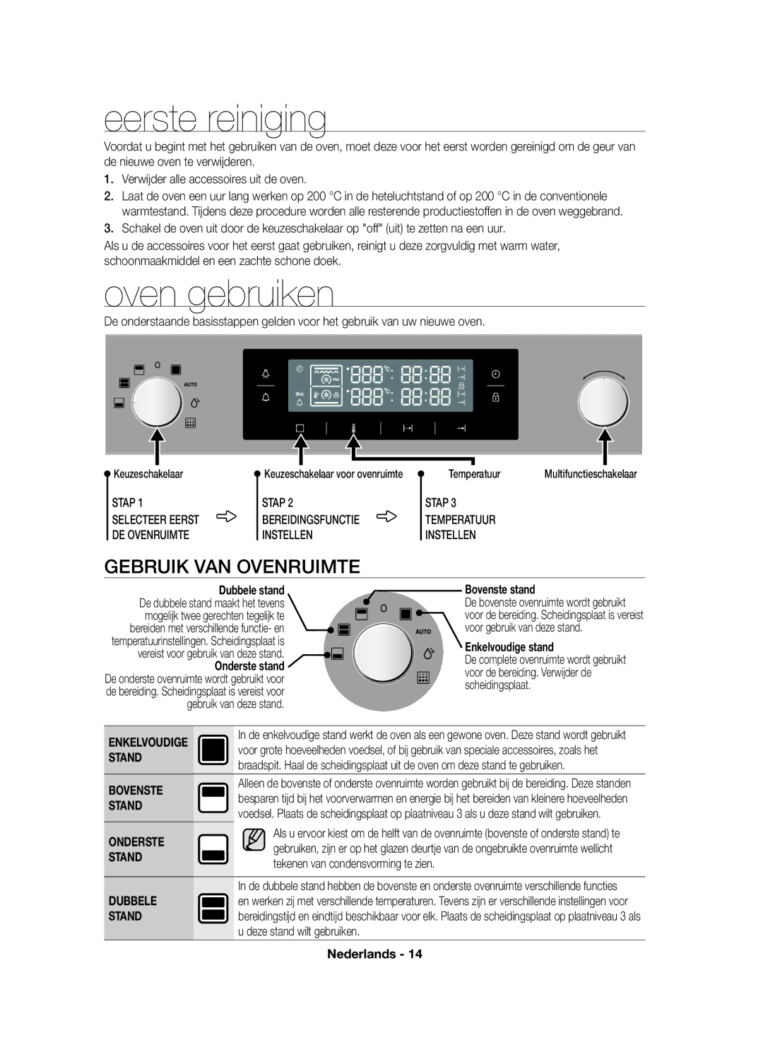 Samsung NV70F7796MS/EF, NV70F7766LS/EF manual Eerste reiniging, Oven gebruiken, Gebruik VAN Ovenruimte 