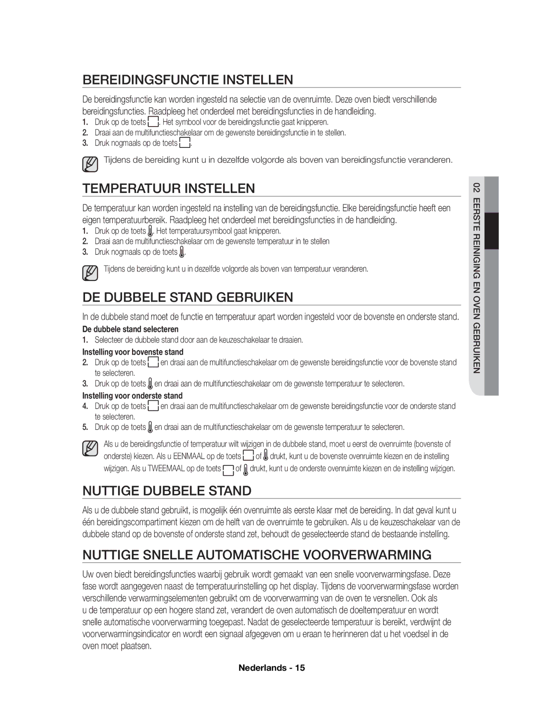 Samsung NV70F7766LS/EF, NV70F7796MS/EF manual Bereidingsfunctie Instellen, Temperatuur Instellen, DE Dubbele Stand Gebruiken 