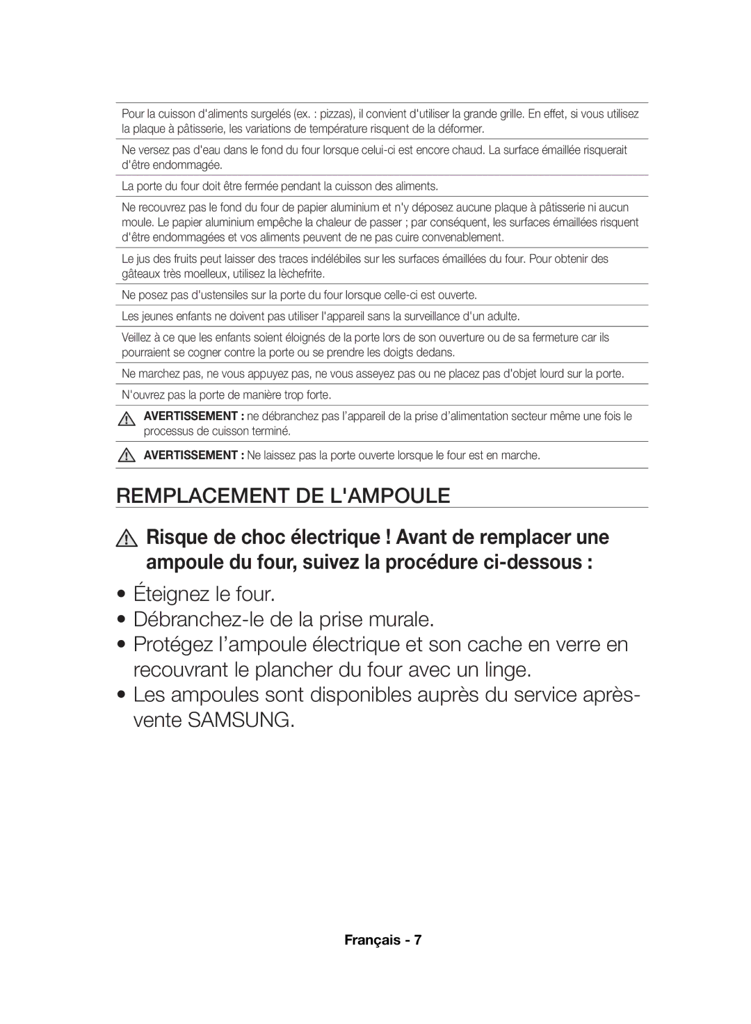 Samsung NV70F7766LS/EF, NV70F7796MS/EF manual Remplacement DE Lampoule 