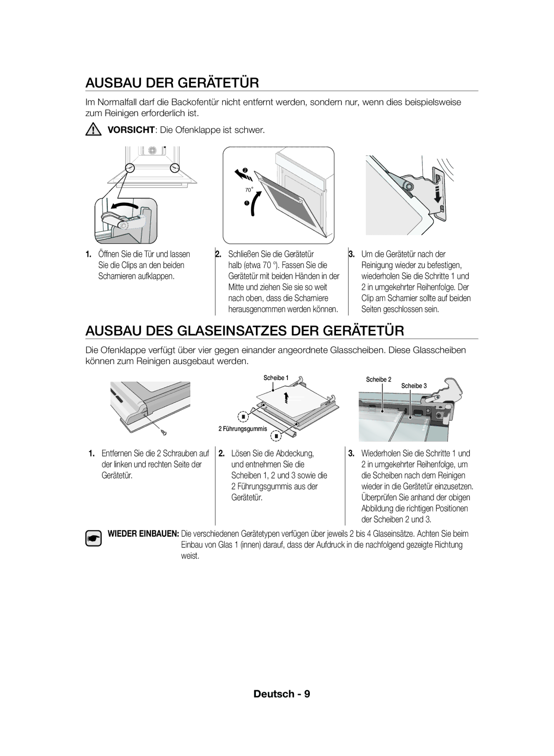 Samsung NV70F7766LS/EF, NV70F7796MS/EF manual Ausbau DER Gerätetür, Ausbau DES Glaseinsatzes DER Gerätetür 