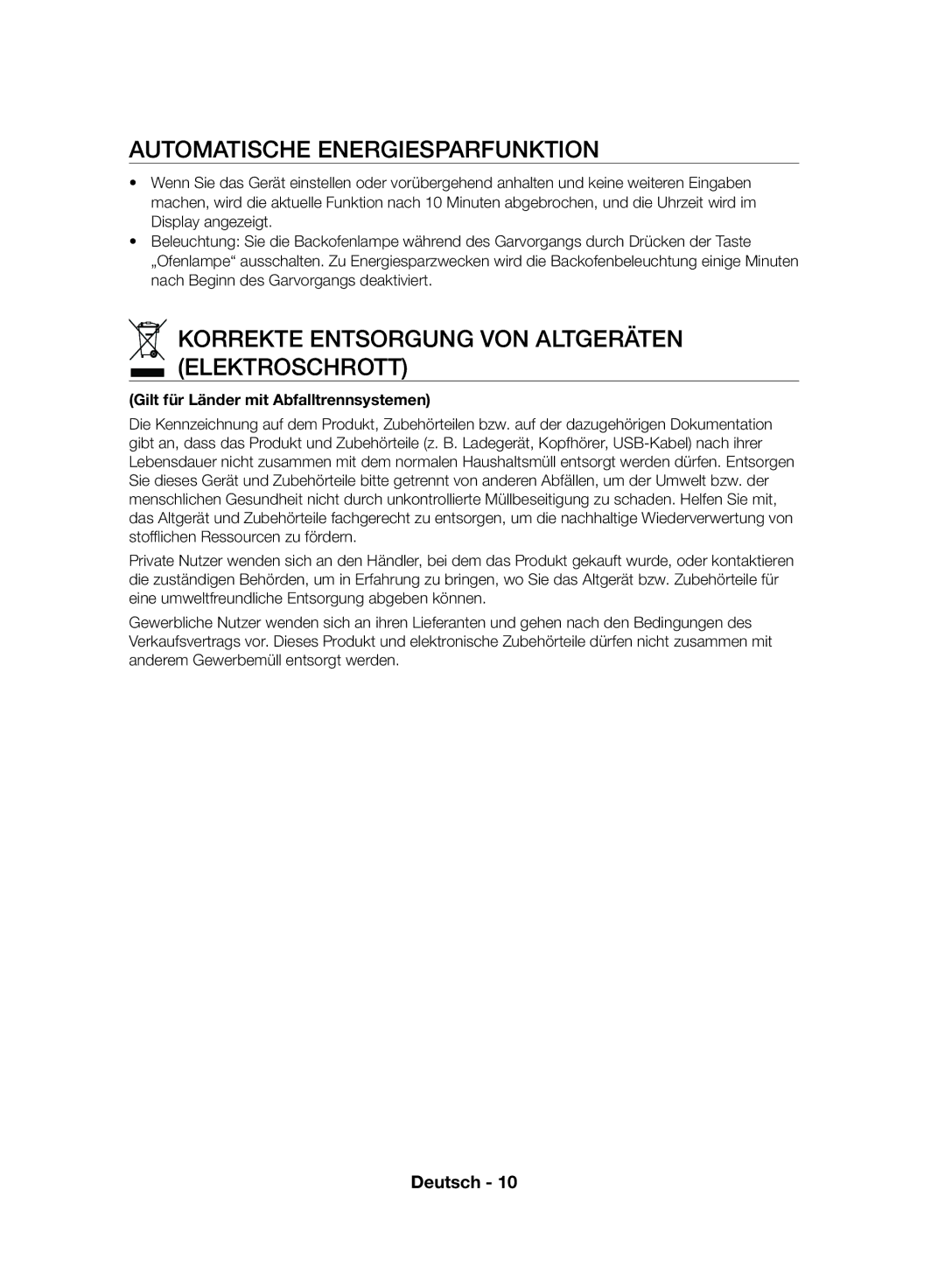 Samsung NV70F7796MS/EF, NV70F7766LS/EF Automatische Energiesparfunktion, Korrekte Entsorgung VON Altgeräten Elektroschrott 