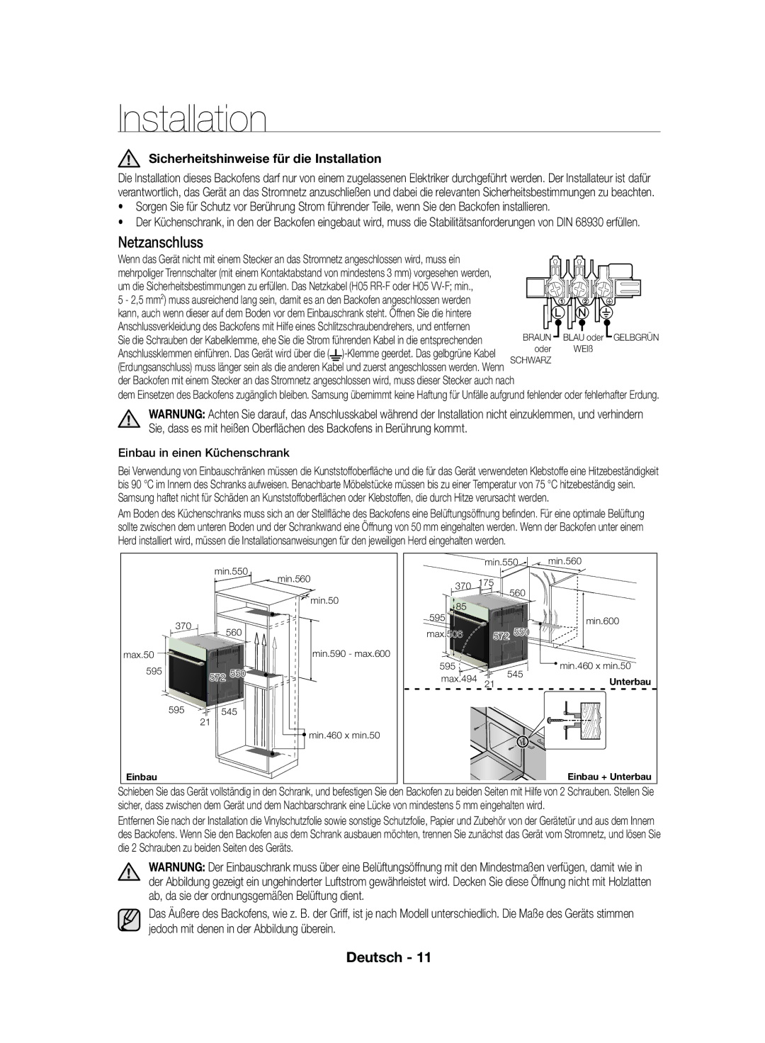 Samsung NV70F7766LS/EF manual Netzanschluss, Sicherheitshinweise für die Installation, Einbau in einen Küchenschrank 