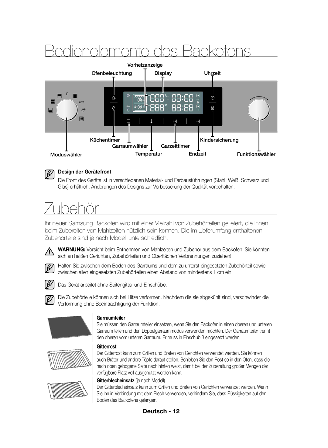 Samsung NV70F7796MS/EF, NV70F7766LS/EF manual Bedienelemente des Backofens, Zubehör 