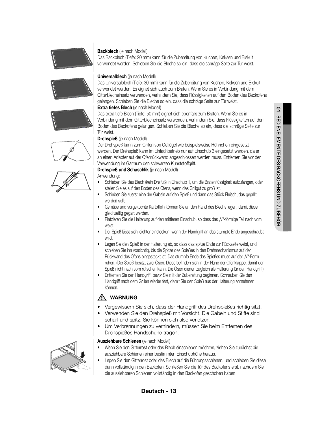 Samsung NV70F7766LS/EF manual Extra tiefes Blech je nach Modell, Drehspieß und Schaschlik je nach Modell Anwendung, Warnung 