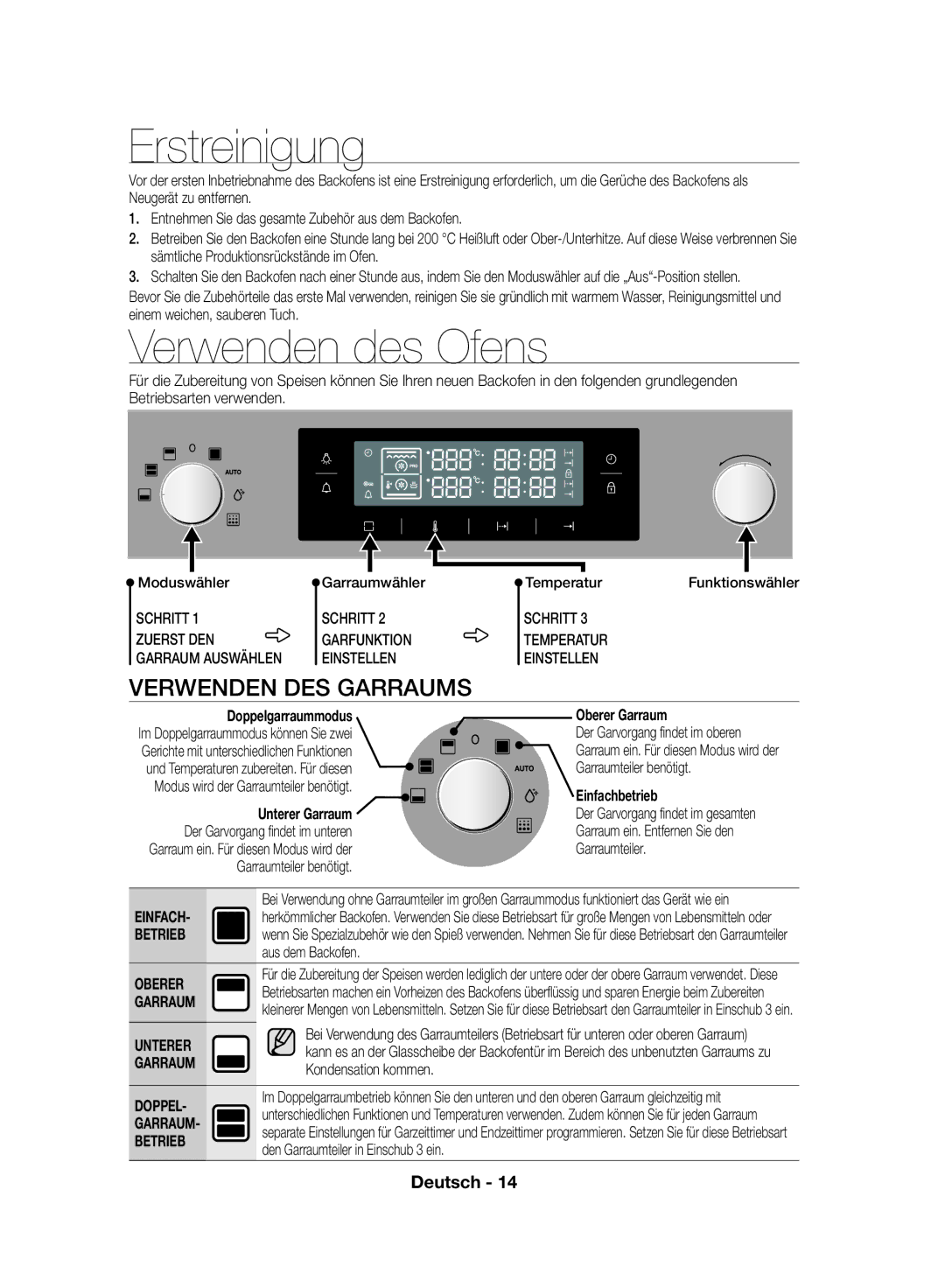 Samsung NV70F7796MS/EF, NV70F7766LS/EF manual Erstreinigung, Verwenden des Ofens, Verwenden DES Garraums 