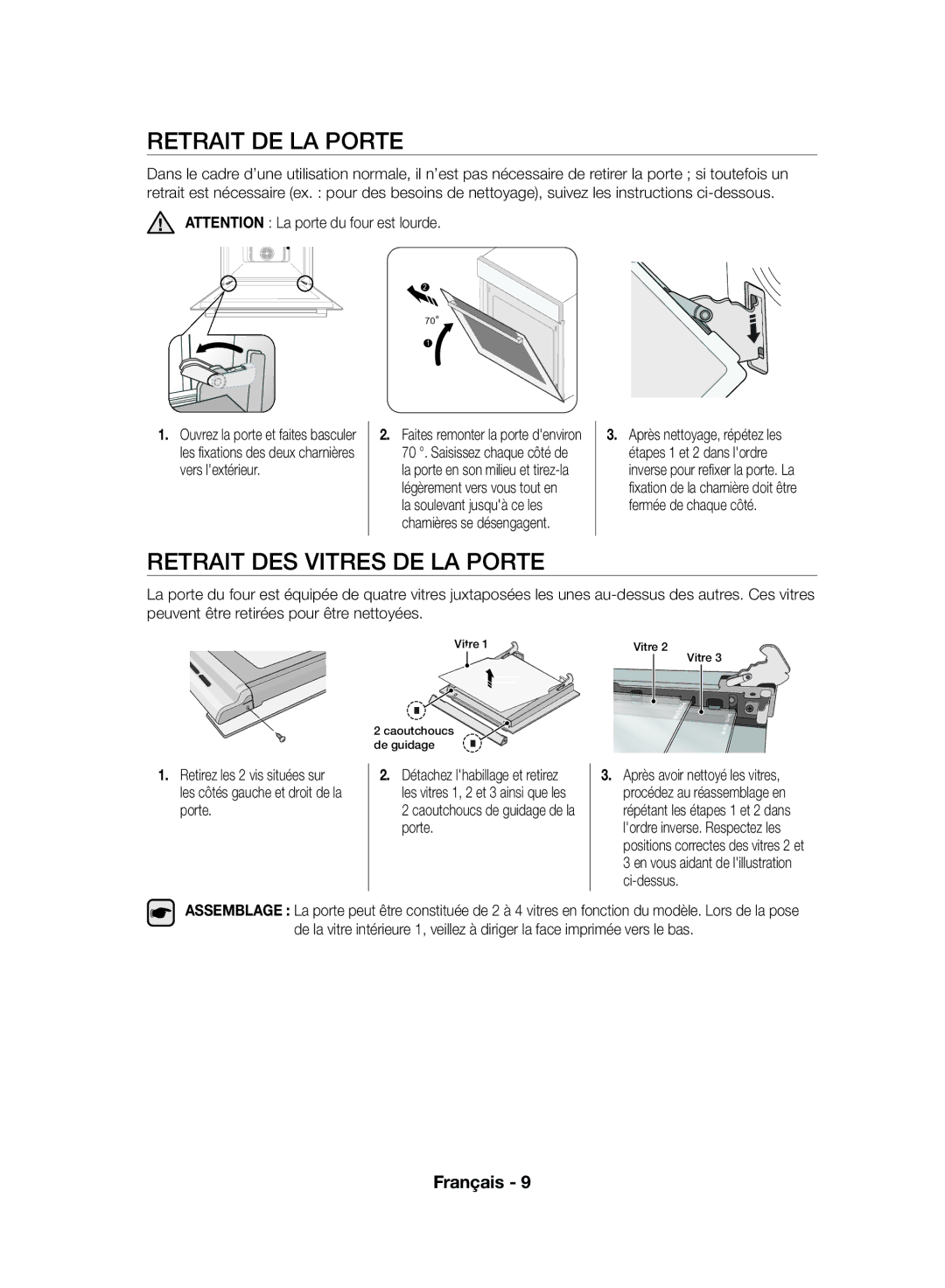 Samsung NV70F7766LS/EF manual Retrait DE LA Porte, Retrait DES Vitres DE LA Porte, Caoutchoucs de guidage de la porte 