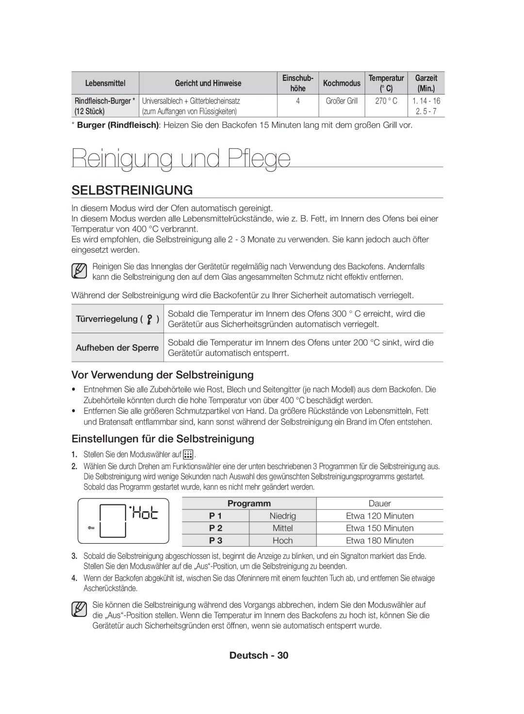 Samsung NV70F7796MS/EF Reinigung und Pflege, Vor Verwendung der Selbstreinigung, Einstellungen für die Selbstreinigung 