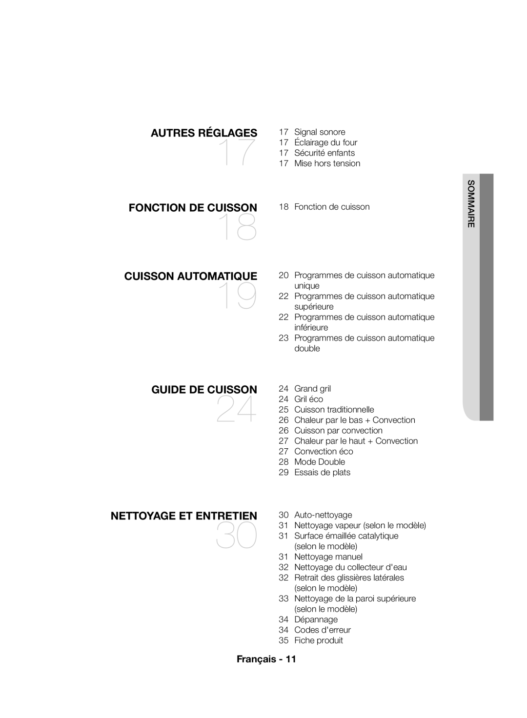 Samsung NV70F7796MS/EF manual Signal sonore, Éclairage du four, Sécurité enfants, Mise hors tension, Aire omms, Grand gril 