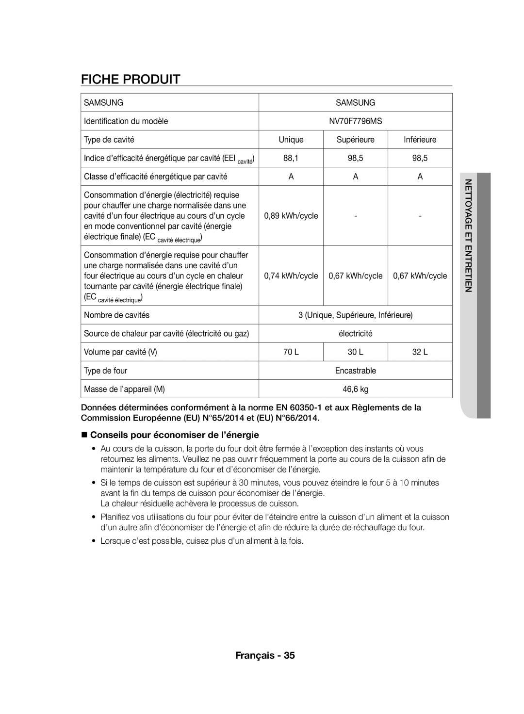 Samsung NV70F7796MS/EF manual Fiche Produit,  Conseils pour économiser de l’énergie 