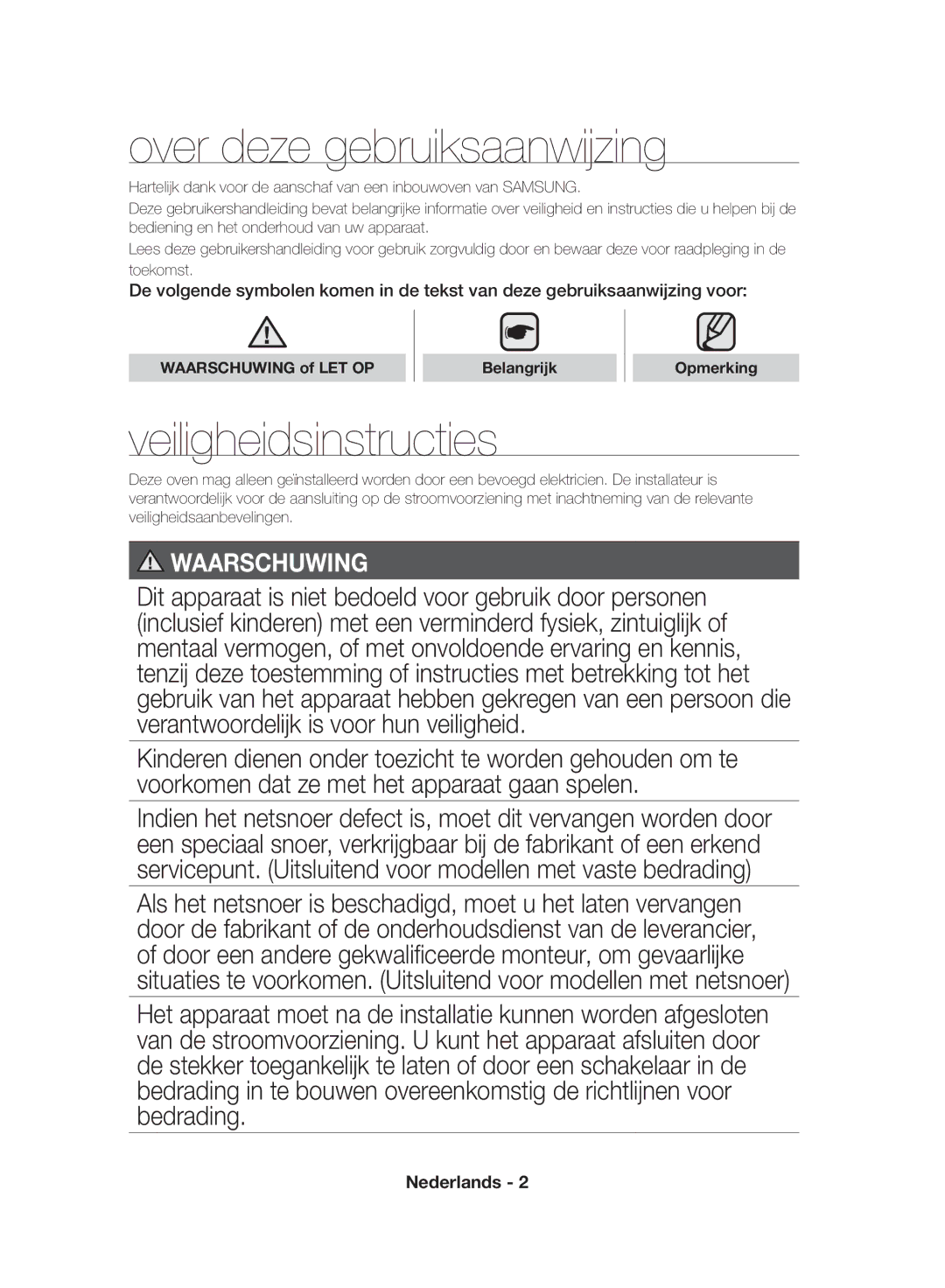 Samsung NV70F7796MS/EF Over deze gebruiksaanwijzing, Veiligheidsinstructies, Waarschuwing of LET OP Belangrijk Opmerking 