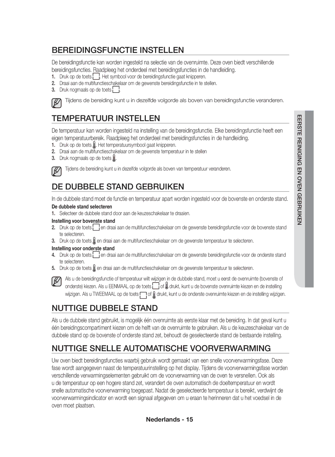 Samsung NV70F7796MS/EF manual Bereidingsfunctie Instellen, Temperatuur Instellen, DE Dubbele Stand Gebruiken 