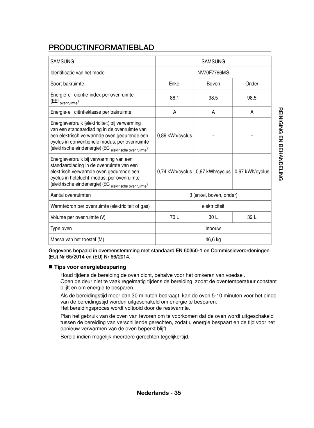 Samsung NV70F7796MS/EF manual Productinformatieblad,  Tips voor energiebesparing 