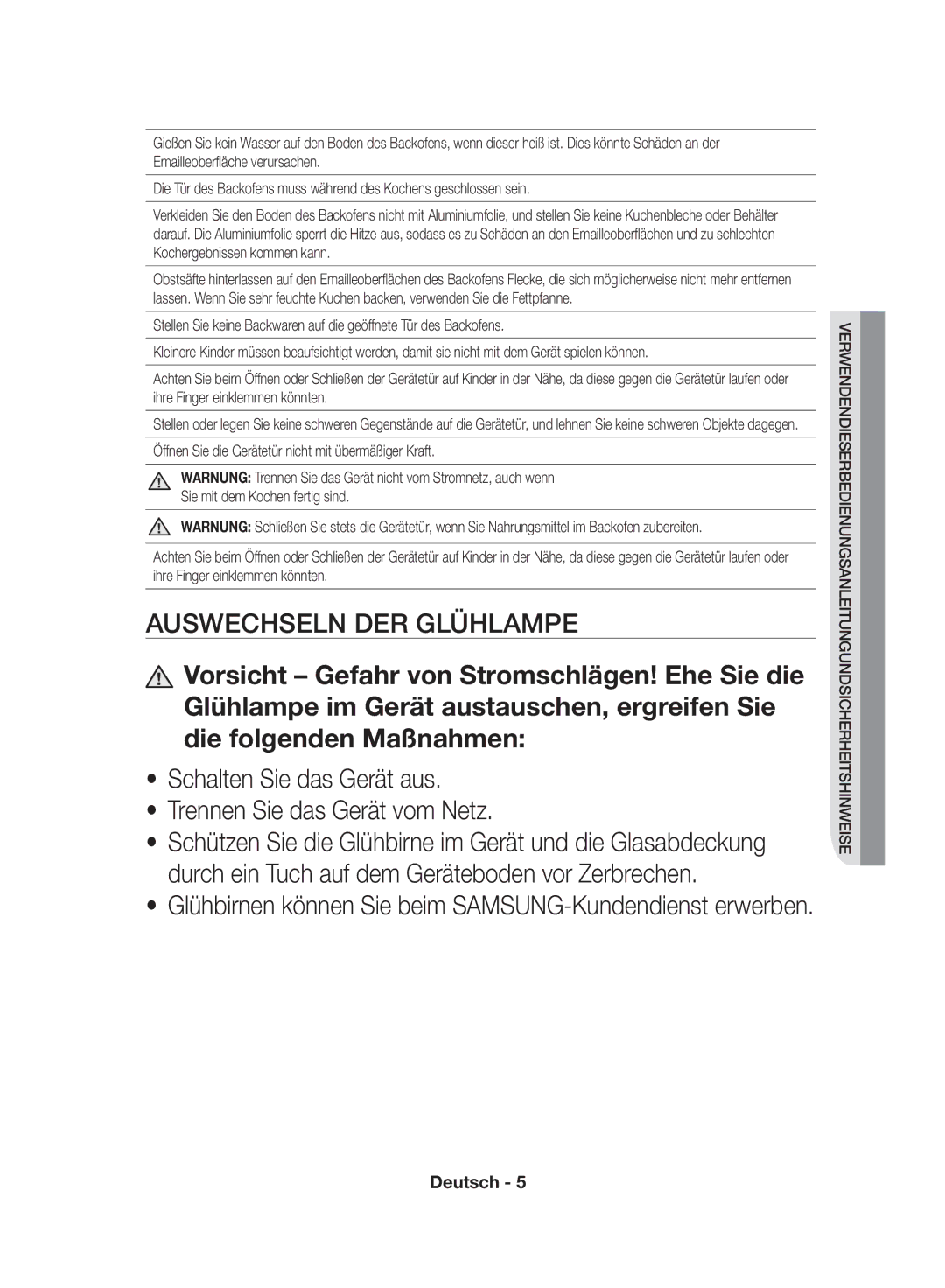 Samsung NV70F7796MS/EF manual Auswechseln DER Glühlampe 