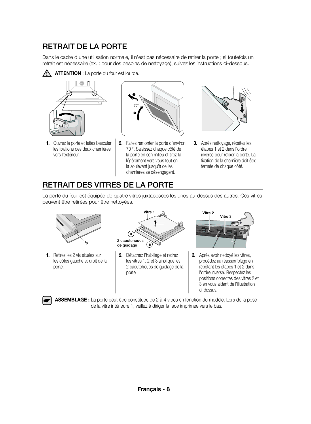 Samsung NV70F7796MS/EF manual Retrait DE LA Porte, Retrait DES Vitres DE LA Porte, Caoutchoucs de guidage de la porte 