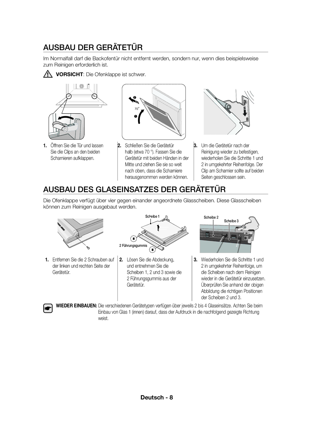 Samsung NV70F7796MS/EF manual Ausbau DER Gerätetür, Ausbau DES Glaseinsatzes DER Gerätetür 