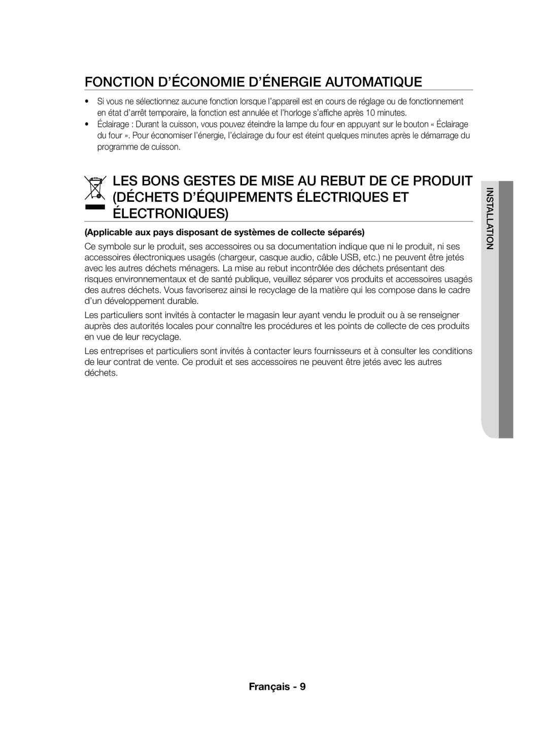 Samsung NV70F7796MS/EF manual Fonction D’ÉCONOMIE D’ÉNERGIE Automatique 