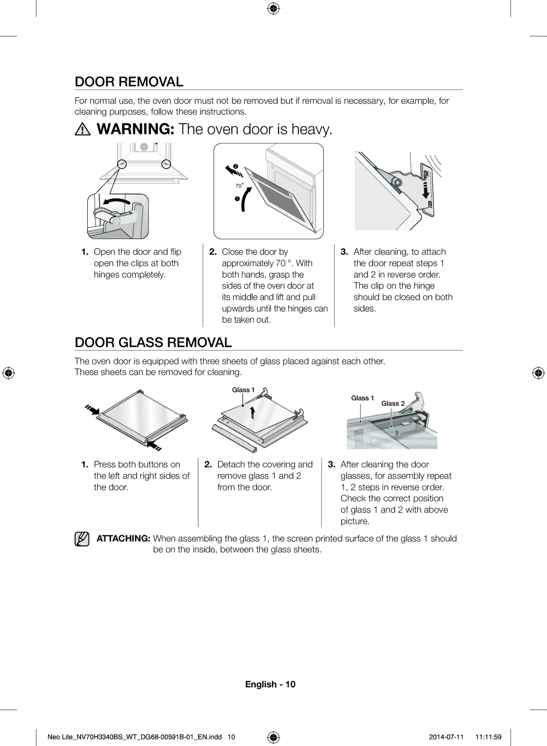 Samsung NV70H3340BS/WT manual Door Removal, Door Glass Removal, Clip on the hinge should be closed on both sides 