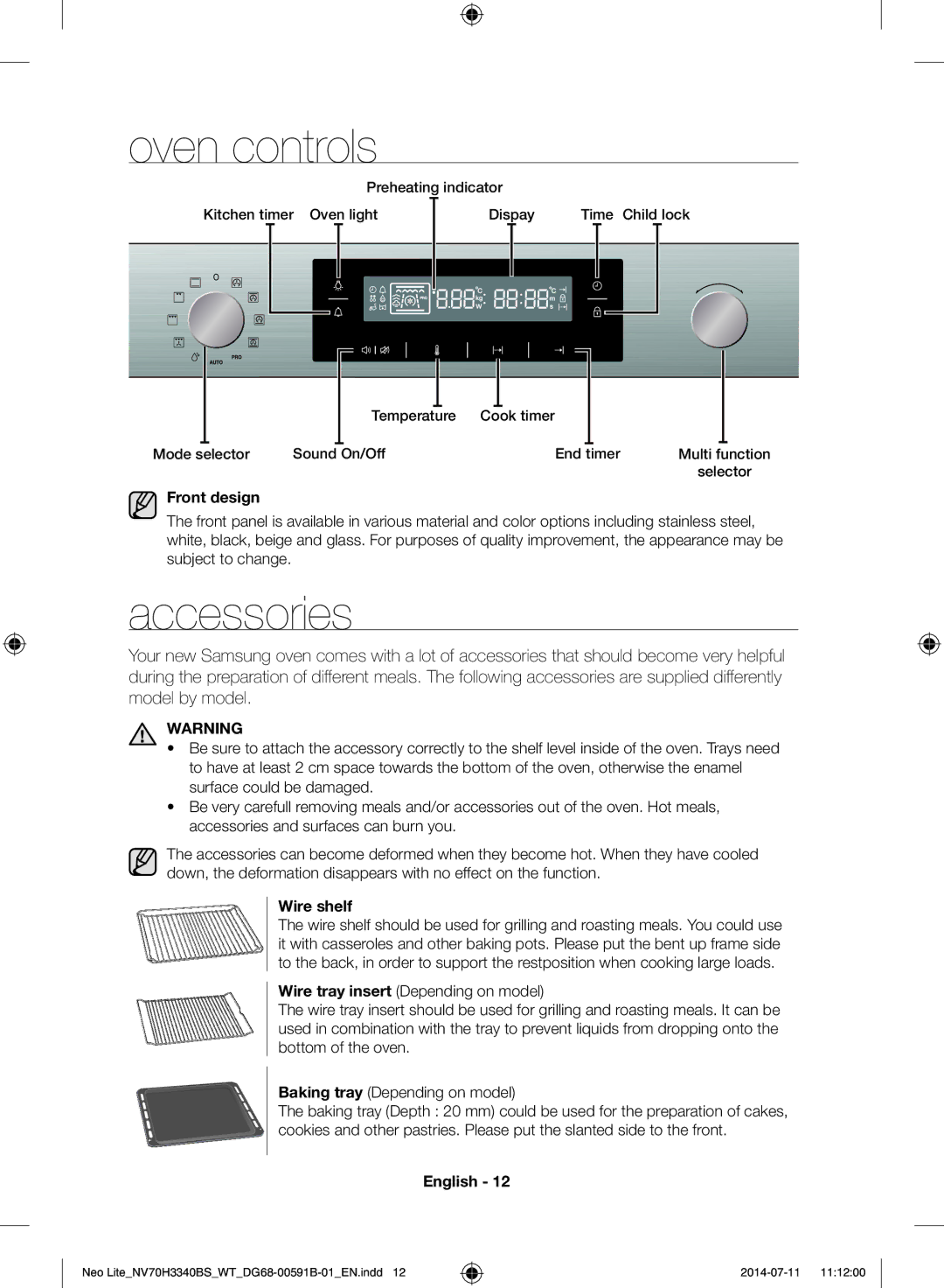 Samsung NV70H3340BS/WT manual Oven controls, Accessories, Front design, Wire shelf 