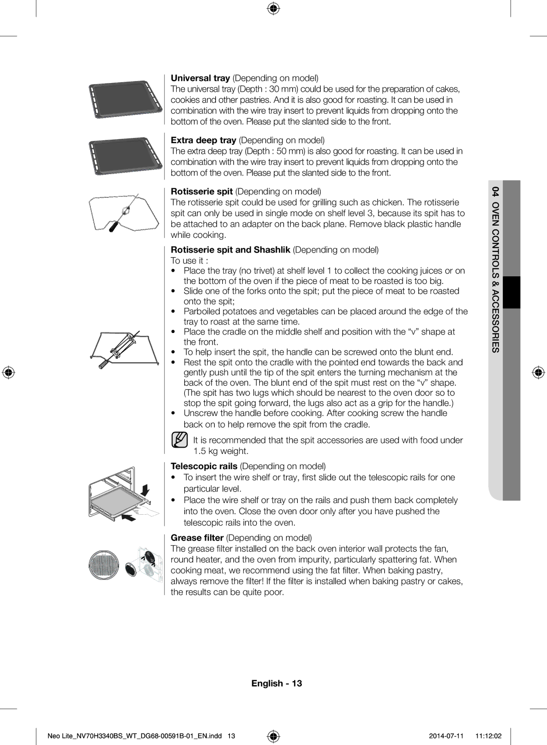 Samsung NV70H3340BS/WT manual Universal tray Depending on model, Extra deep tray Depending on model, To use it 