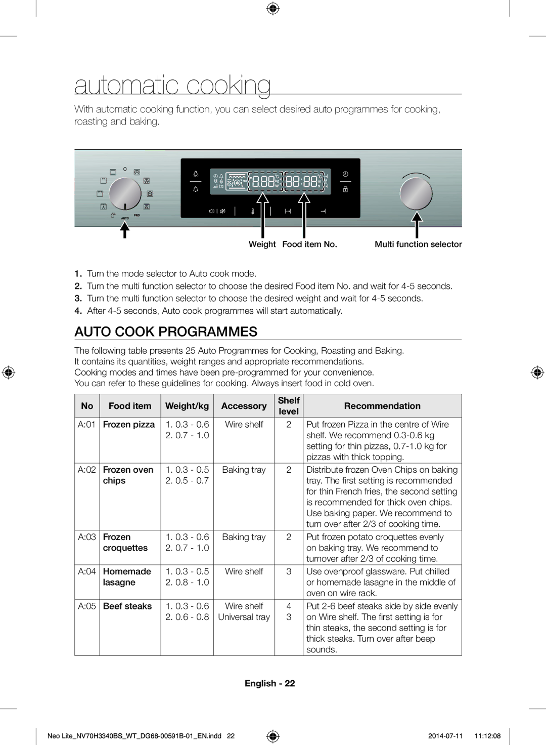 Samsung NV70H3340BS/WT manual Automatic cooking, Auto Cook Programmes, Food item Weight/kg Accessory Shelf Recommendation 