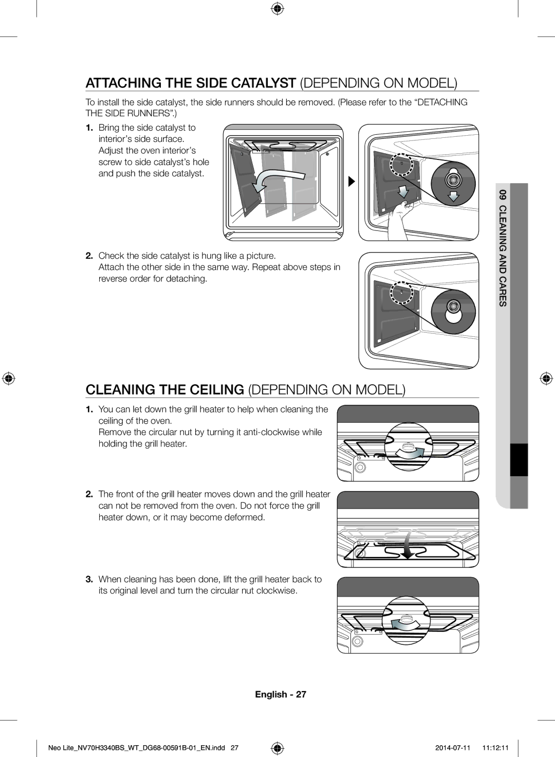 Samsung NV70H3340BS/WT manual Attaching the Side Catalyst Depending on Model, Cleaning the Ceiling Depending on Model 