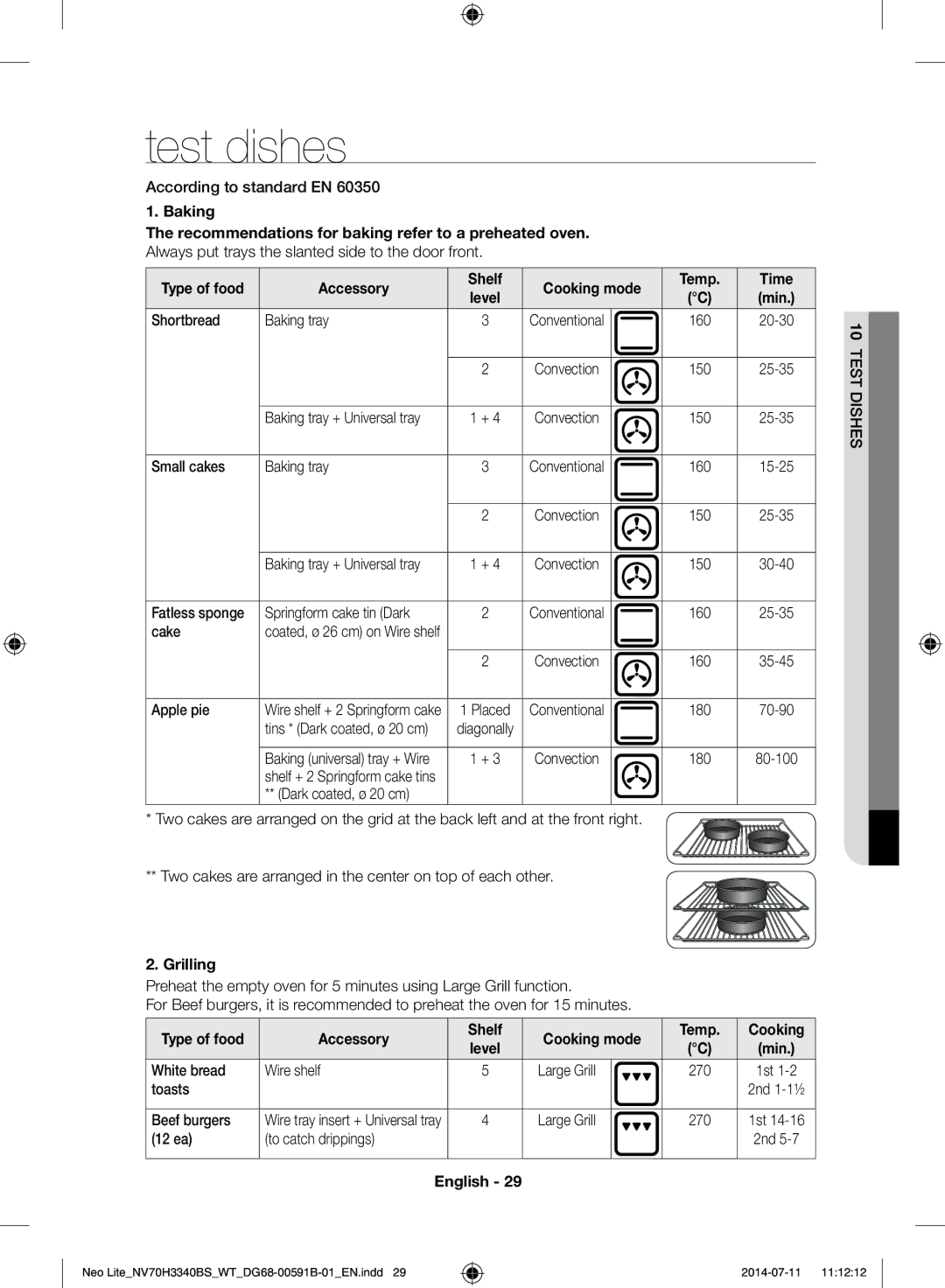 Samsung NV70H3340BS/WT manual Test dishes, Grilling, Accessory Shelf Cooking mode Temp 