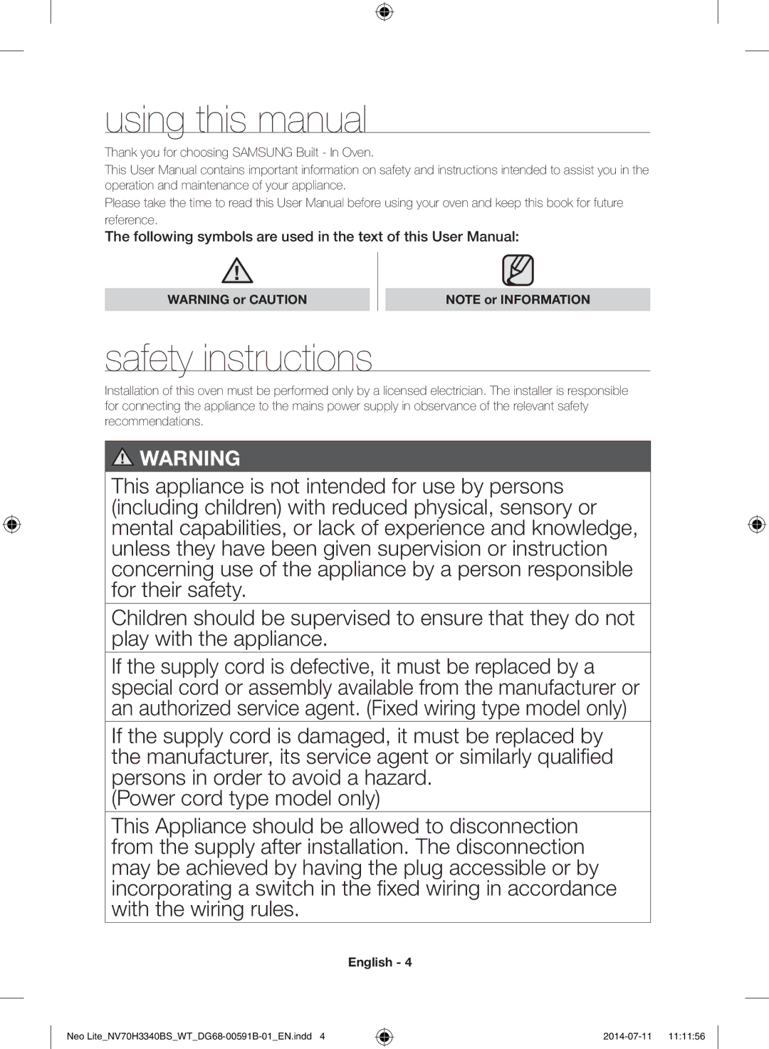 Samsung NV70H3340BS/WT Using this manual, Safety instructions, Thank you for choosing Samsung Built In Oven 