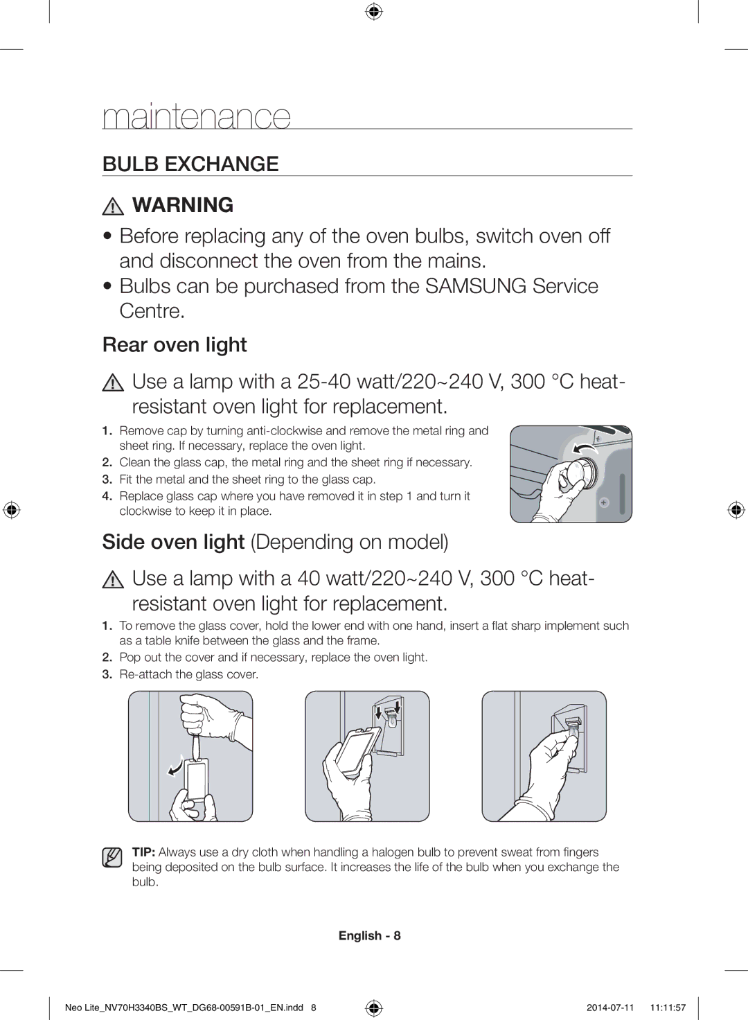 Samsung NV70H3340BS/WT manual Maintenance, Bulb Exchange 