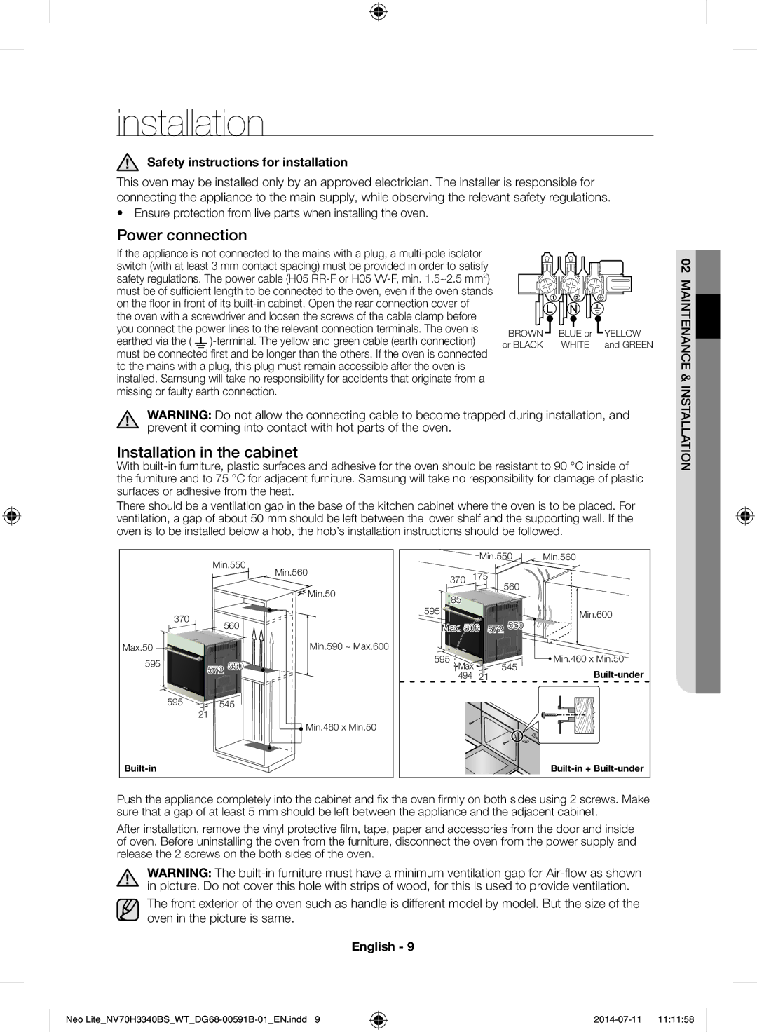 Samsung NV70H3340BS/WT manual Installation, Safety instructions for installation 