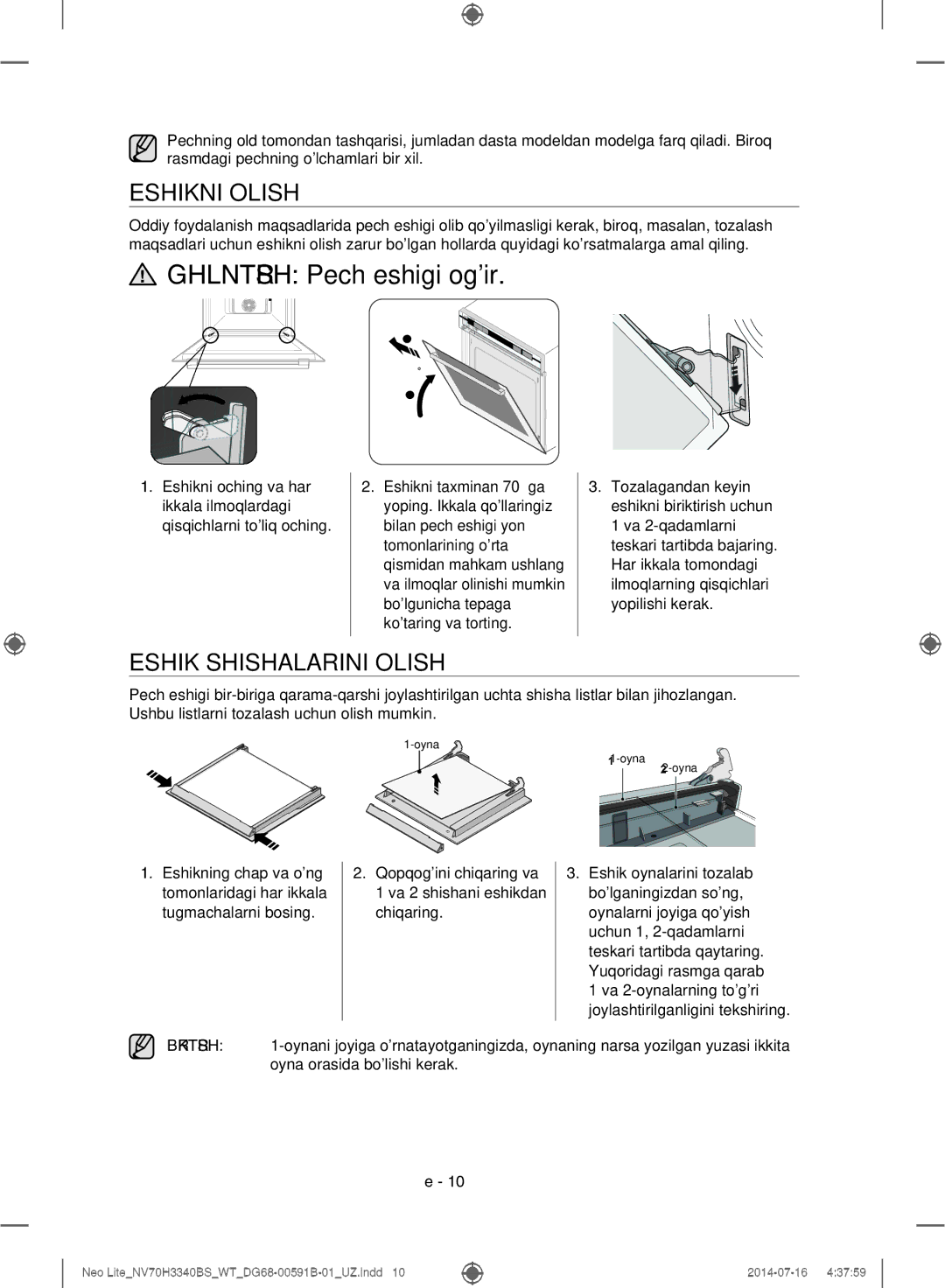 Samsung NV70H3340BS/WT manual Ogohlantirish Pech eshigi ogir, Eshikni Olish, Eshik Shishalarini Olish 