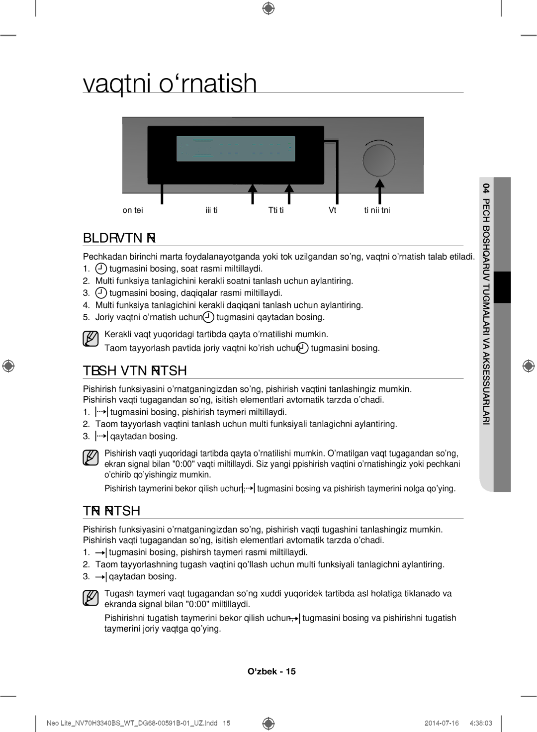 Samsung NV70H3340BS/WT manual Vaqtni o‘rnatish, BLDR. Vaqtini O’RN, Tayyorlash Vaqtini Ornatish, Taymerni Ornatish 