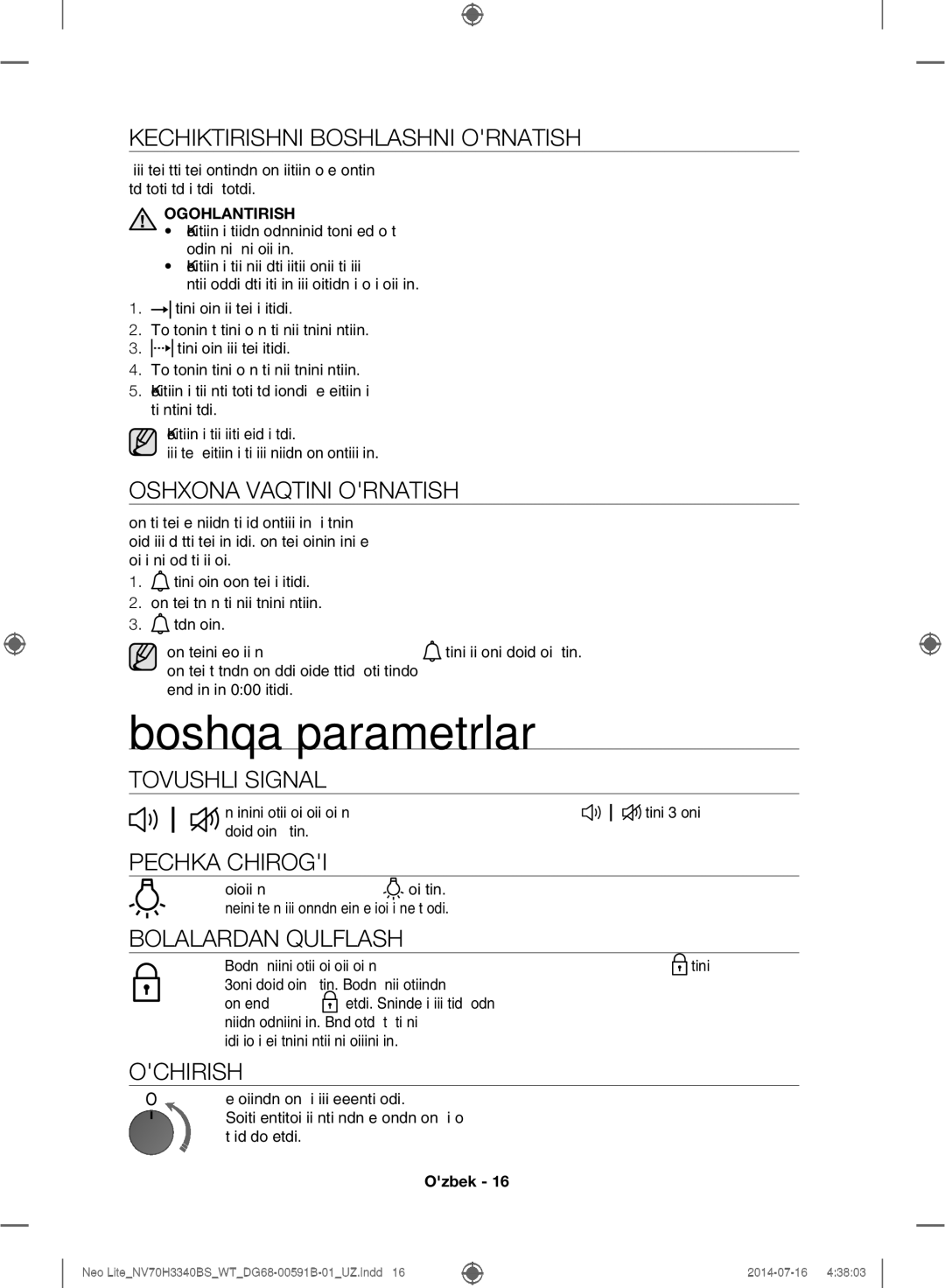 Samsung NV70H3340BS/WT manual Boshqa parametrlar 