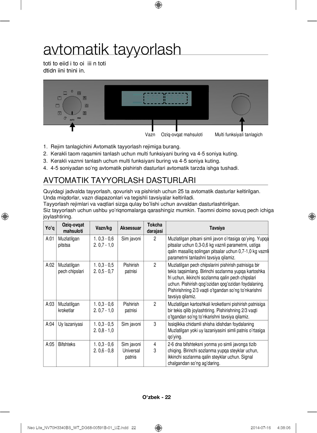 Samsung NV70H3340BS/WT manual Avtomatik tayyorlash, Avtomatik Tayyorlash Dasturlari, Vazn/kg, Tavsiya 