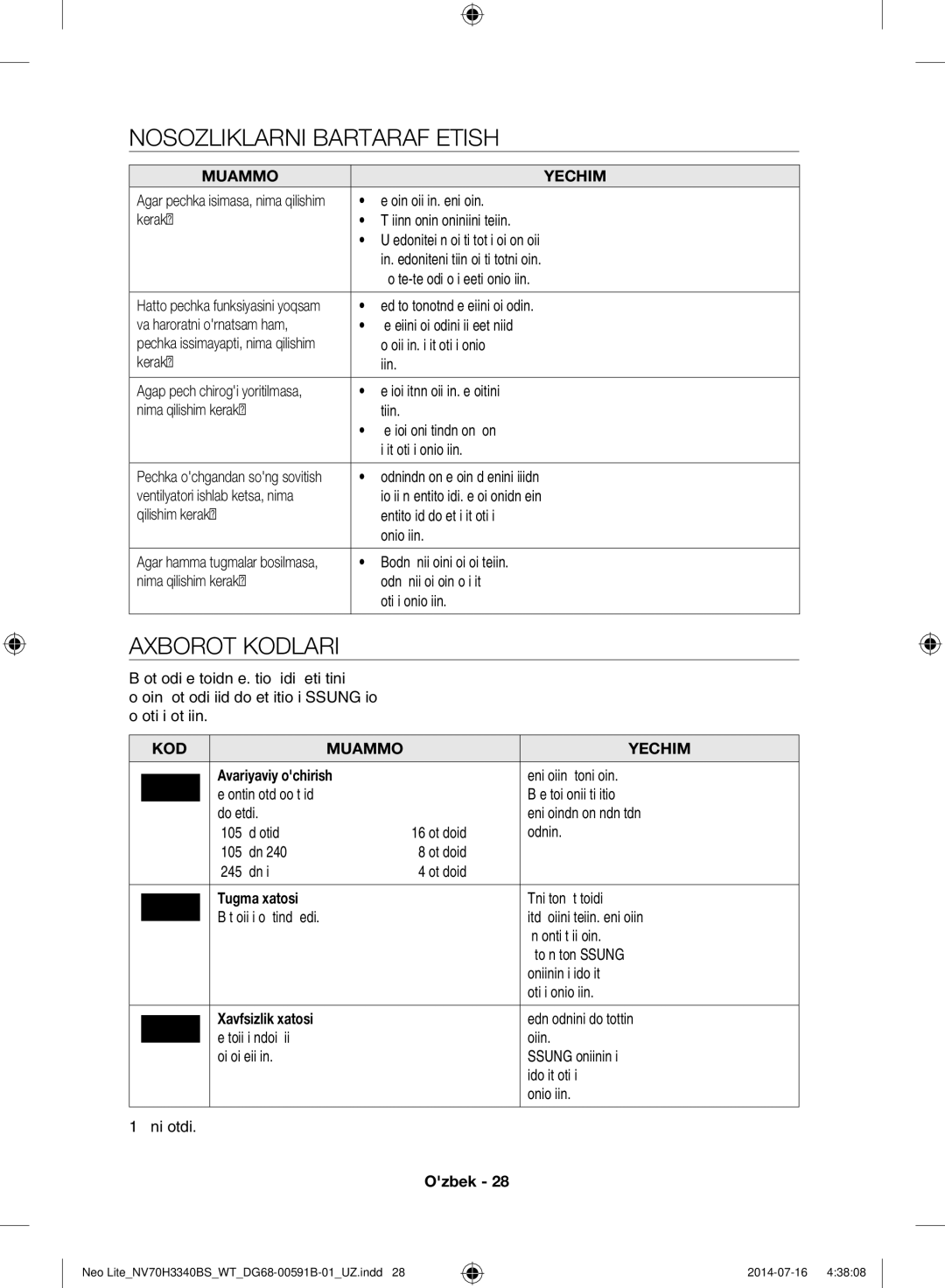 Samsung NV70H3340BS/WT manual Nosozliklarni Bartaraf Etish, Axborot Kodlari, KOD Muammo Yechim 