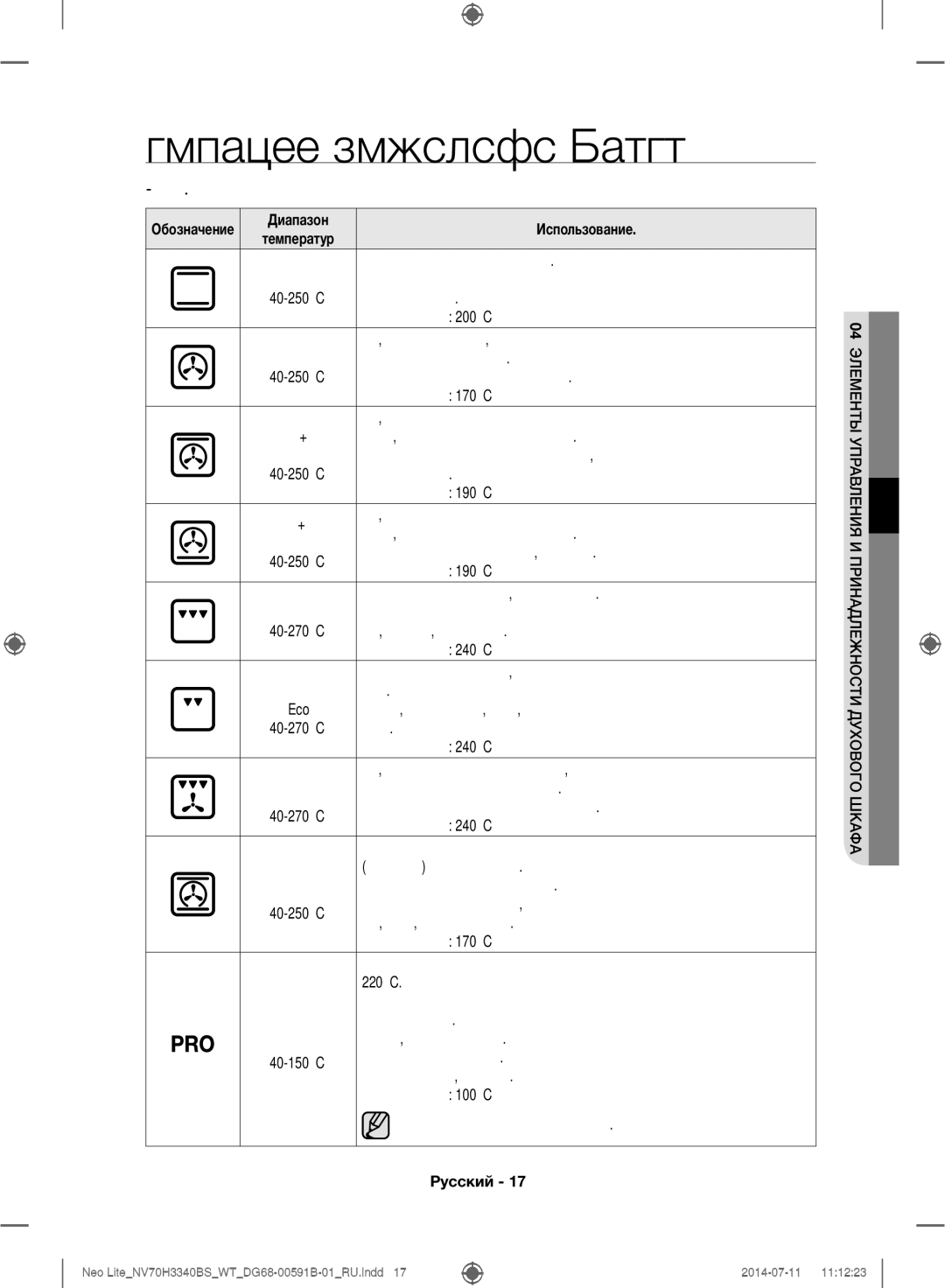 Samsung NV70H3340BS/WT manual Функции духового шкафа, Диапазон Использование 