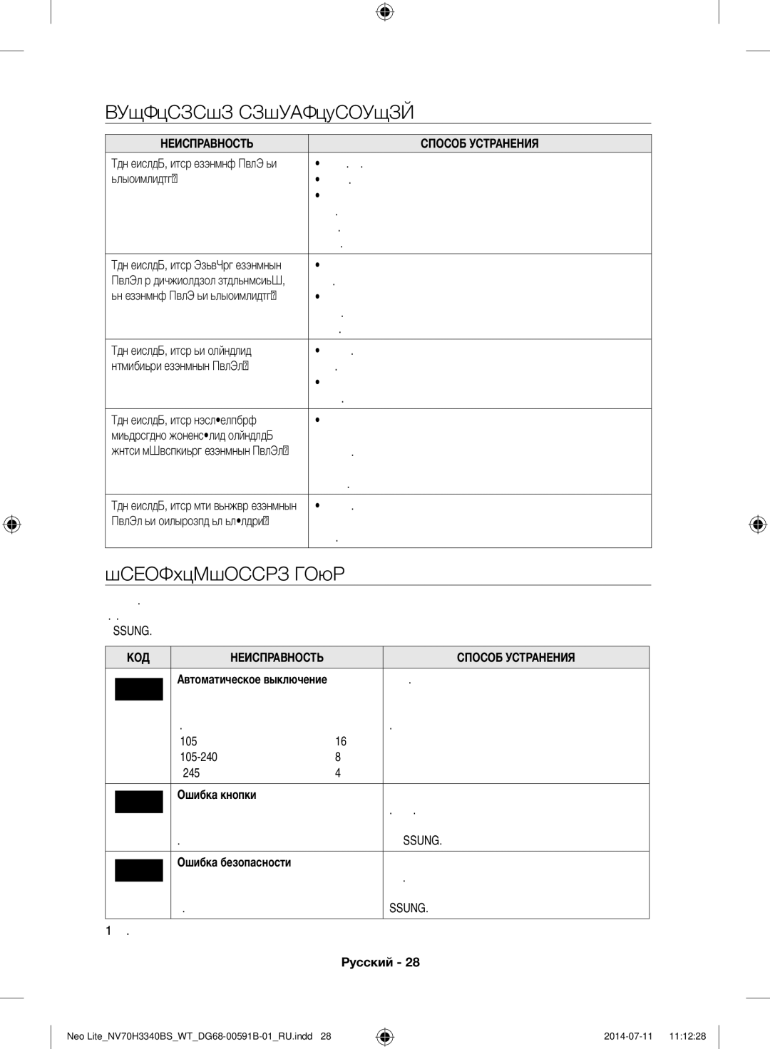 Samsung NV70H3340BS/WT manual Устранение Неисправностей, Информационные Коды, Неисправность Способ Устранения 