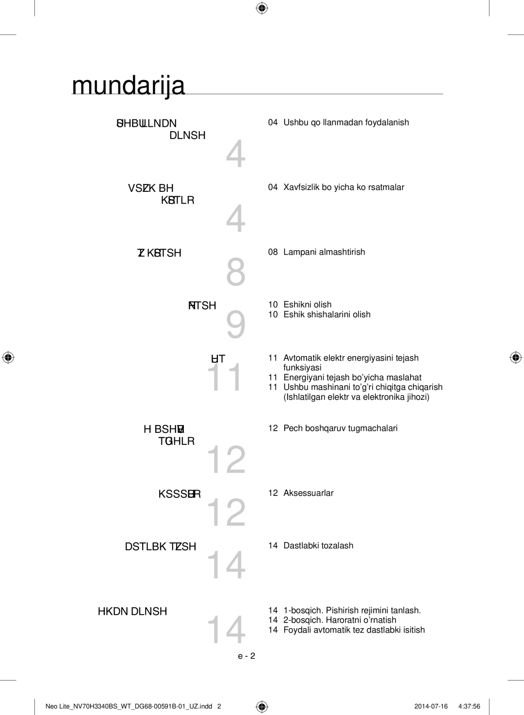 Samsung NV70H3340BS/WT manual Mundarija, Lampani almashtirish Eshikni olish Eshik shishalarini olish, Ozbek 