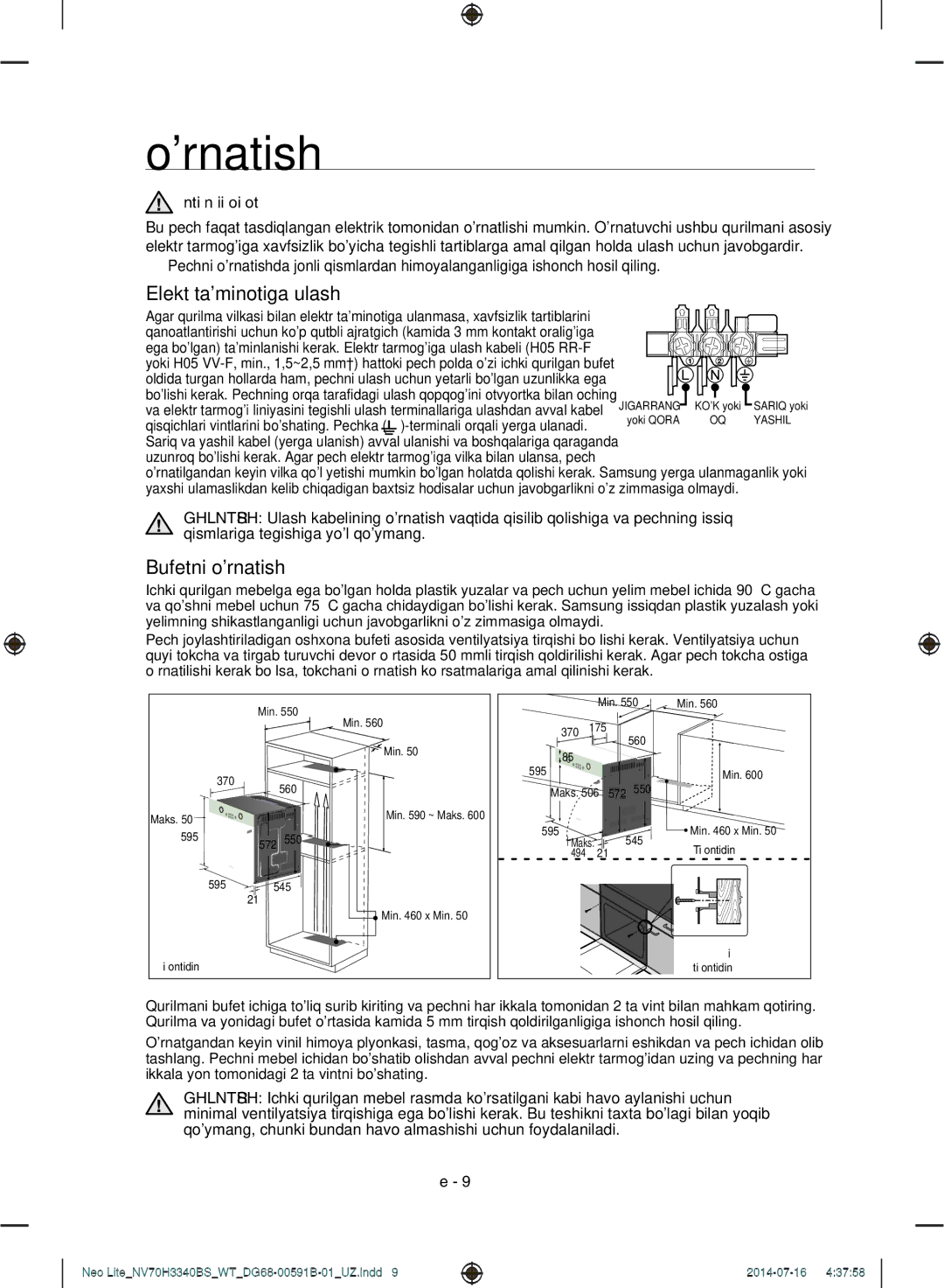 Samsung NV70H3340BS/WT manual Ornatish uchun xavfsizlik boyicha korsatmalar, Terminali orqali yerga ulanadi 