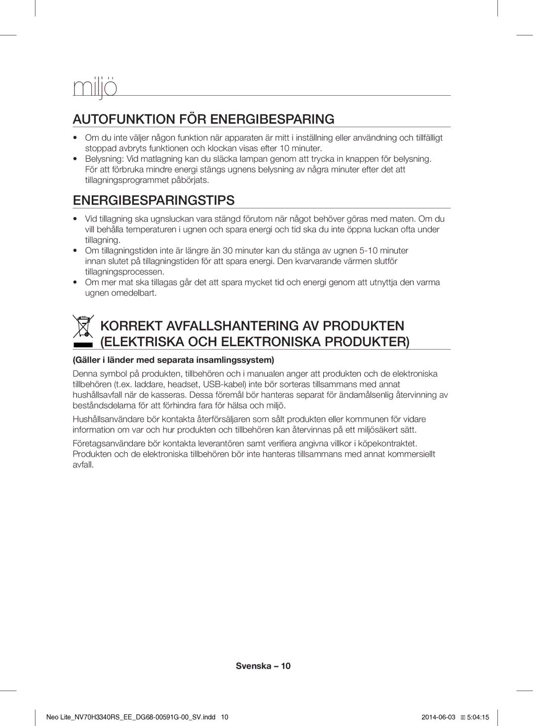 Samsung NV70H3340RS/EE manual Miljö, Autofunktion FÖR Energibesparing, Energibesparingstips 